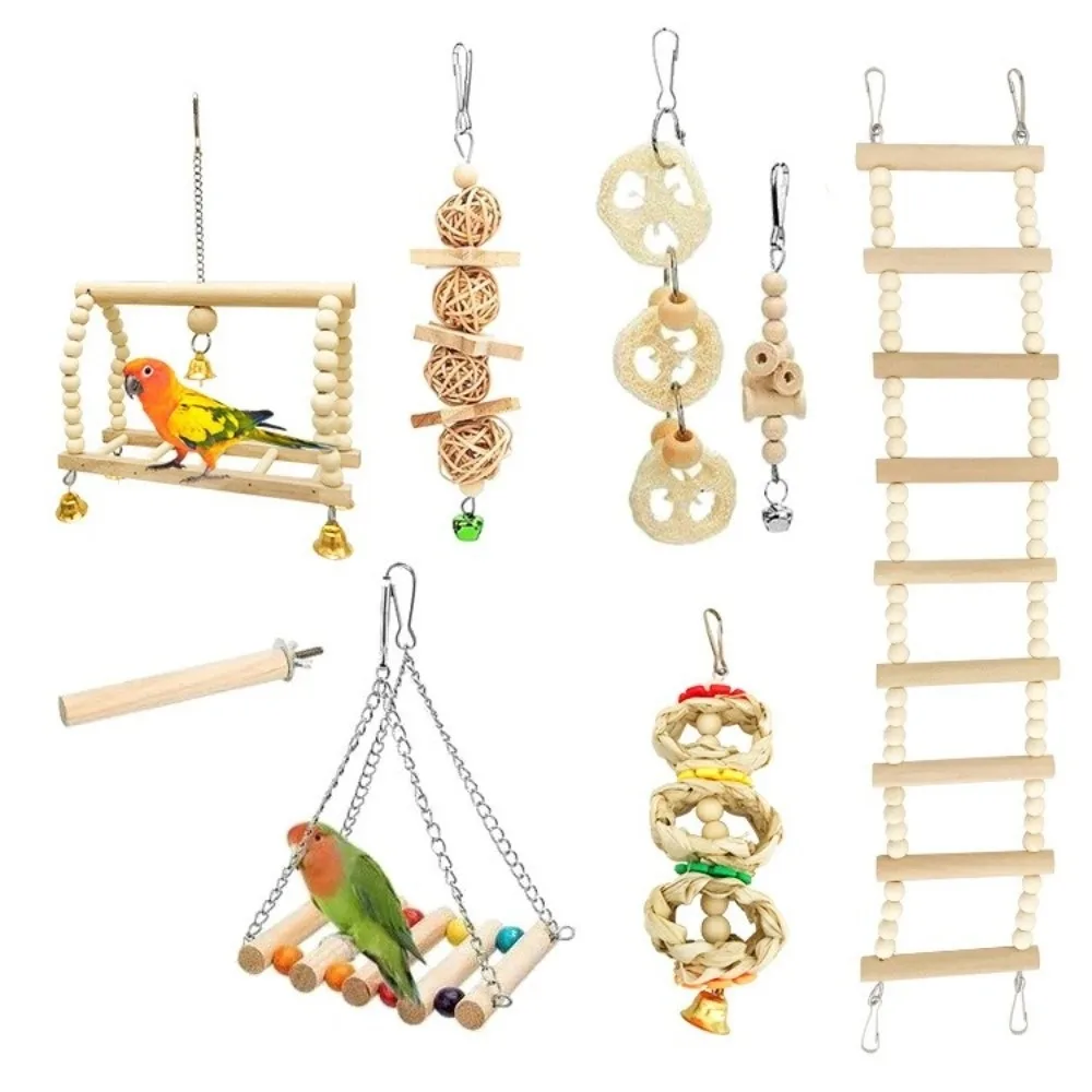 

8Pcs Set Wood Parrot Set Bell Perch Hanging Hammock Combination Bird Toys Swing Stand Pole Parrot Training Toys