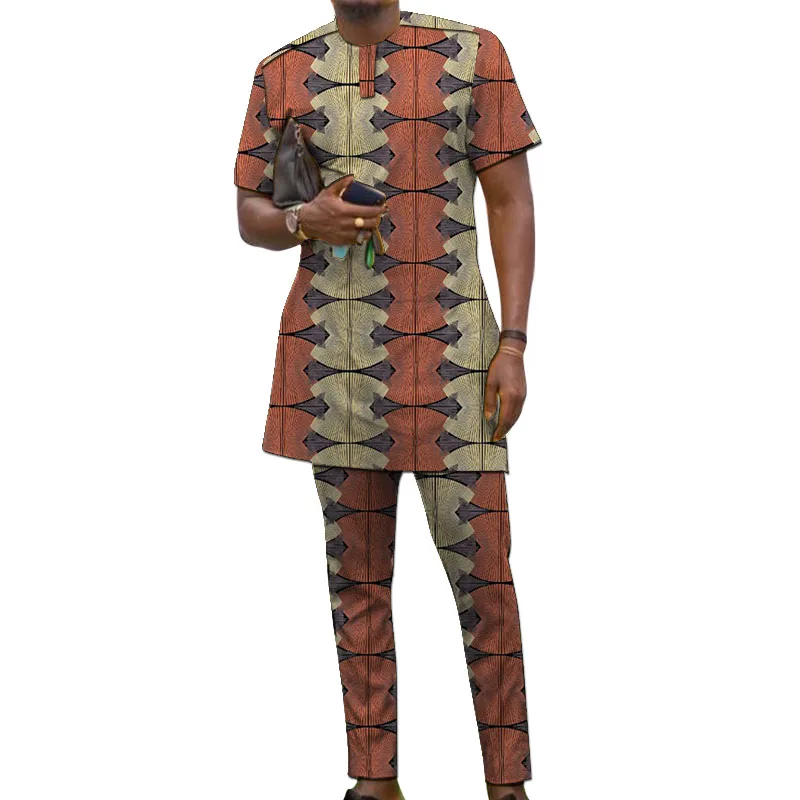 African Print Short Sleeve Simple Set Men\'s Groom Suit Male Nigerian Fashion Pant Sets Wedding Party Outfits