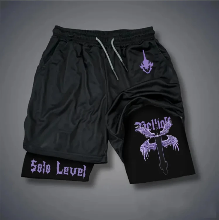 Novedad de verano para hombre, pantalones cortos 2 en 1 con estampado de nivelación individual de cómic para entrenamiento físico, pantalones cortos dobles transpirables absorbentes del sudor con cordón