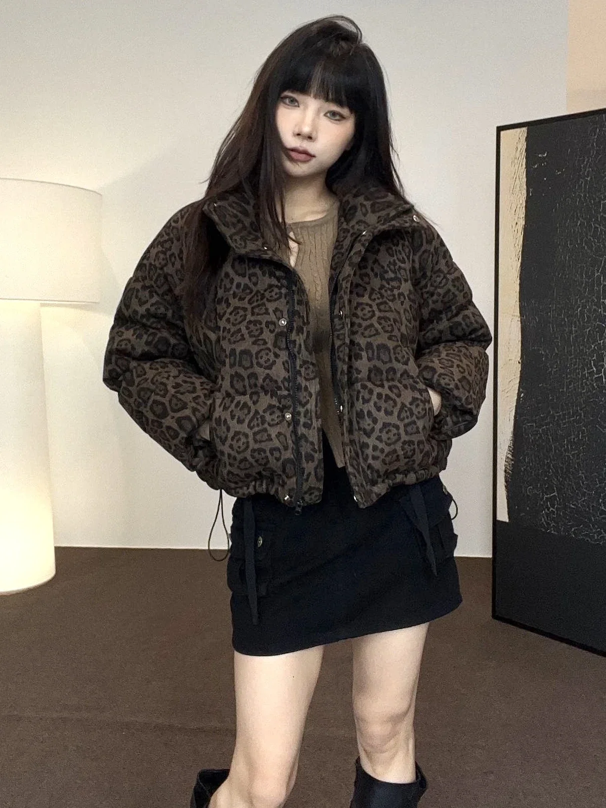 2025 Winter New Women\'s Down Jacket Loose Windproof Stand Up Collar Leopard Pattern Jacket