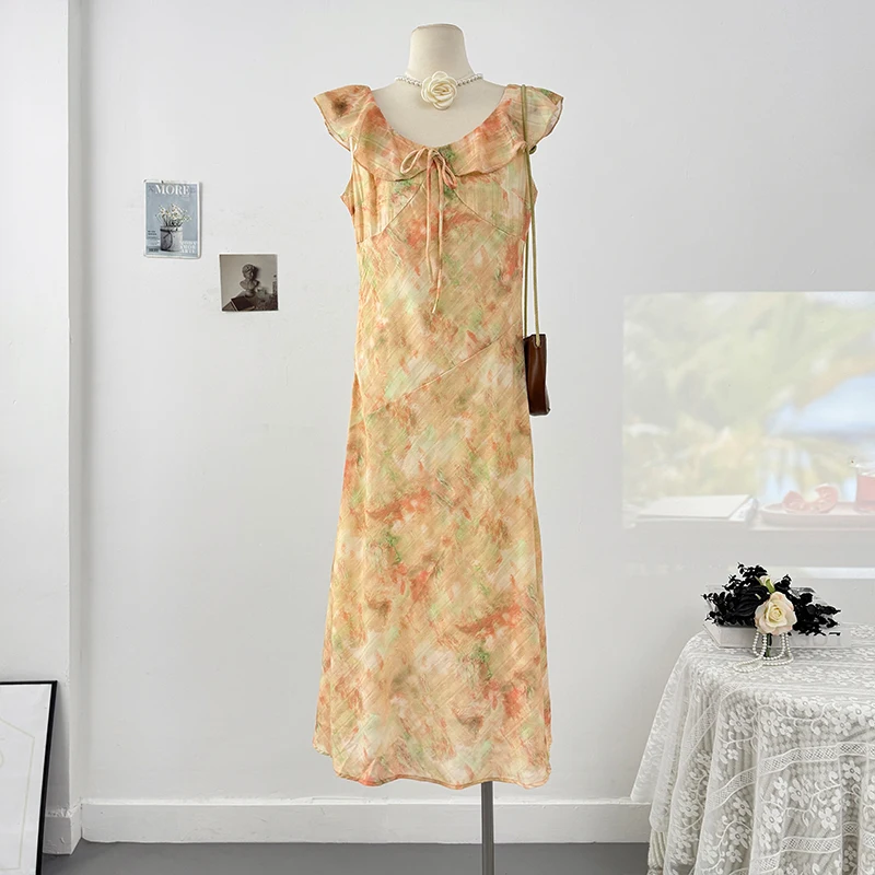 Elegância francesa floral rendas dupla camada em camadas vestidos de chiffon feminino verão estilo hotsweet cintura fina saia longa senhora pano