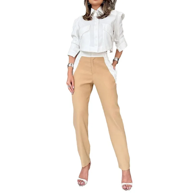 Two Piece Sets Women Pants Set Slim Fit Casual Turn Down Collar Full Sleeve Tops Elegant Splice Straight Long Pants Summer