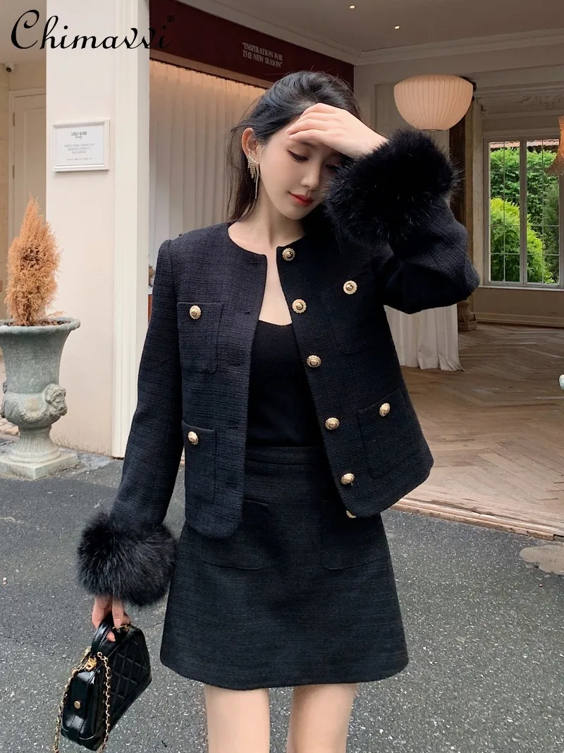 Outono inverno nova moda high-end peludo manga longa preto tweed jaqueta de cintura alta saia conjunto de duas peças elegante festa das mulheres terno