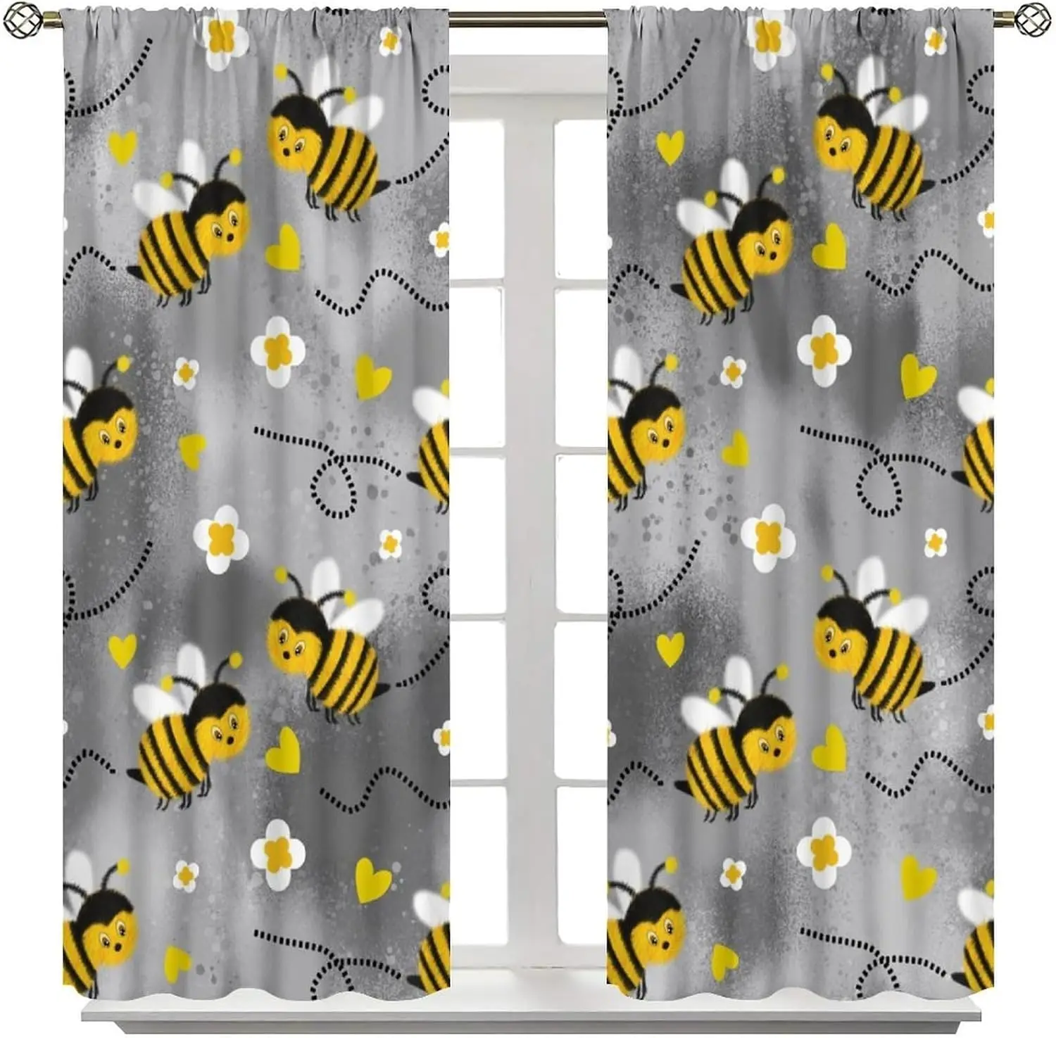 Cute Bee Curtain 2pcs Pair Yellow Black Honeybee Floral Pattern Curtains Drapes for Living Room Bedroom Home Decor Window Accent