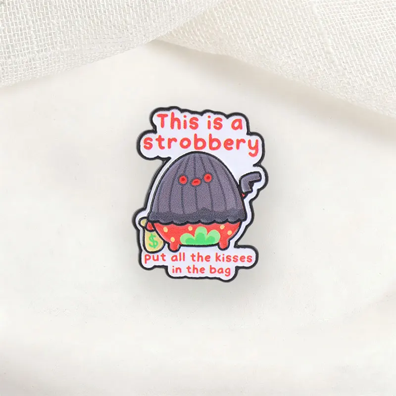 This is a Strobbery Enamel Pins Cute Strawberry Cartoon Brooches Fashion Lapel Badge Backpack Clothes Jewelry Gift for Friends