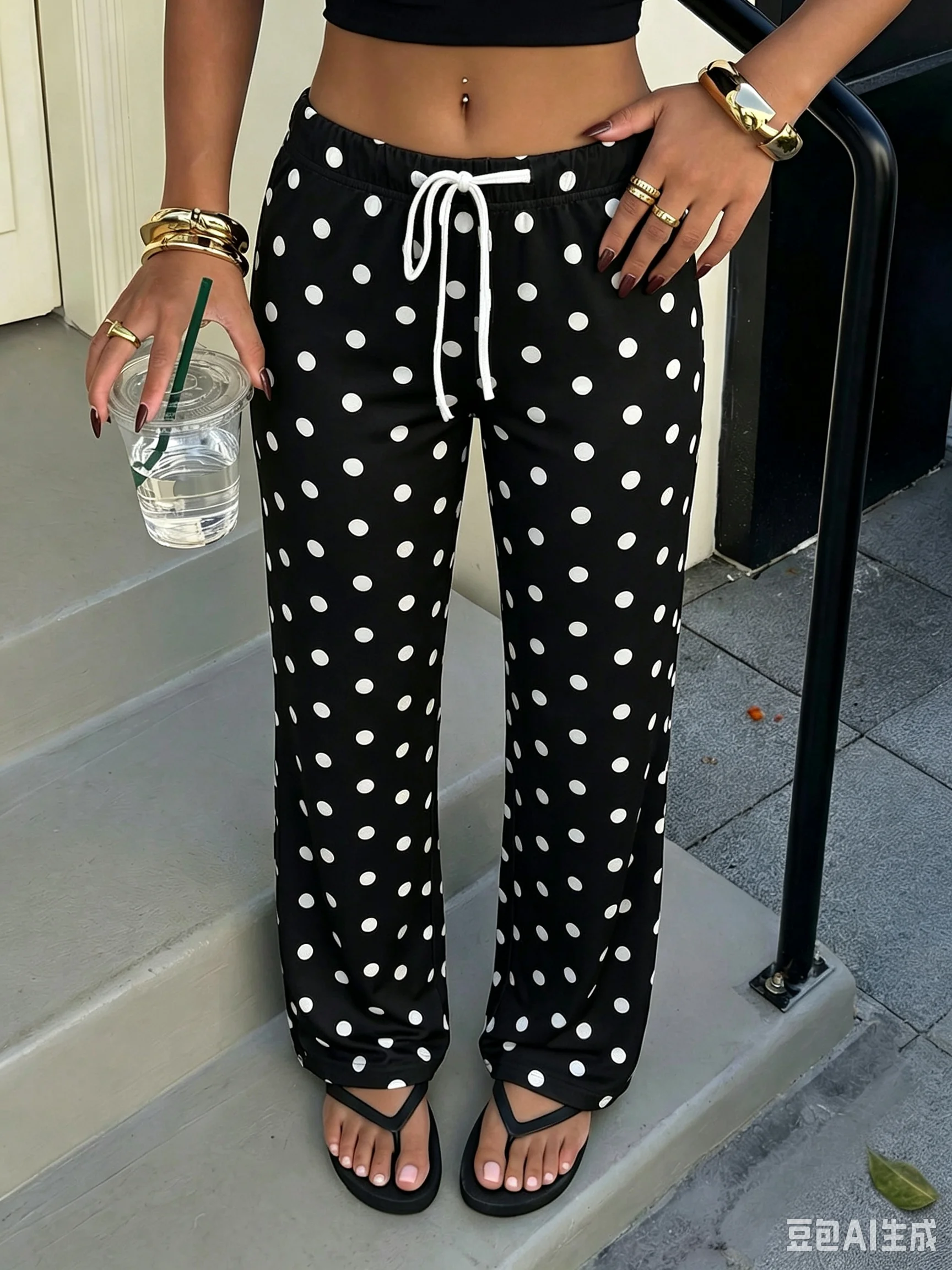 2026 Women's Milk Silk Polka Dot Wide Leg Pants, Elastic Waist Drawstring Split Flowy Trousers Casual Summer Beach Loose Pants