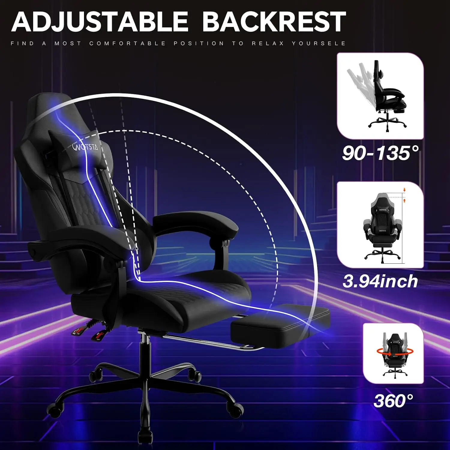 Gaming Chair with Footrest, High Back Gaming Chairs PVC Leather Ergonomic Gamer Chair with Adjustable Headrest Lumbar Support Racing Style Video Gaming Chair for Office/Home (Black) - view 4
