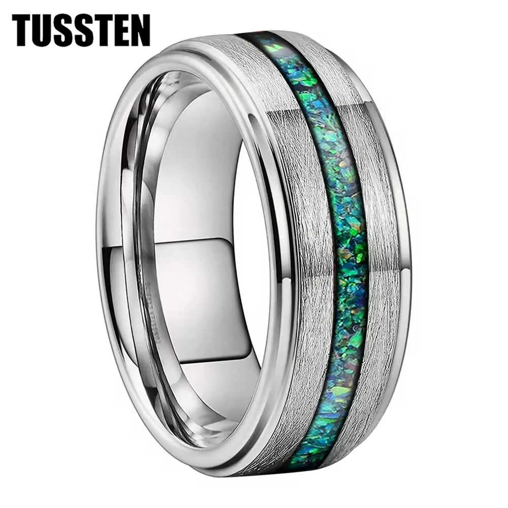 TUSSTEN 8MM Silve Tungsten Finger Ring Men Women Fashion Engagement Wedding Band Real Green Opal Inlay Brushed Finish