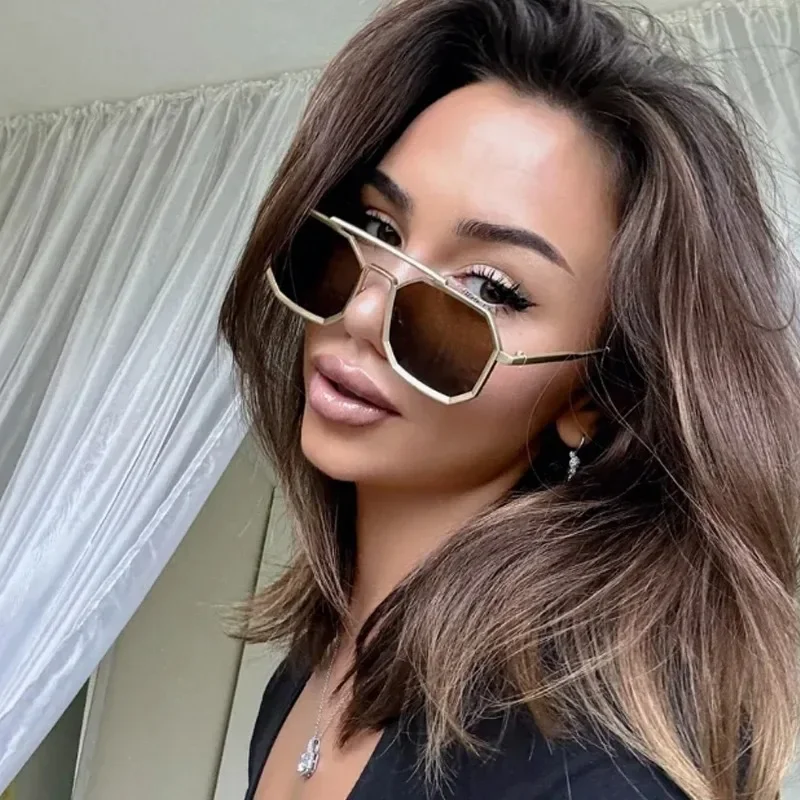 New Double Beam Metal Eyeglasses Large Frame Polygon Sunglasses Fashion Men Glasses Women Eyewear UV400 - view 5