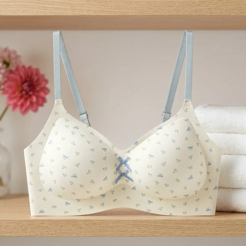 Traceless Dots Wireless V Bra Flower Bow Gathered Breasts Seamless Floral Print Bra Anti-sagging Shockproof Brassiere for Women