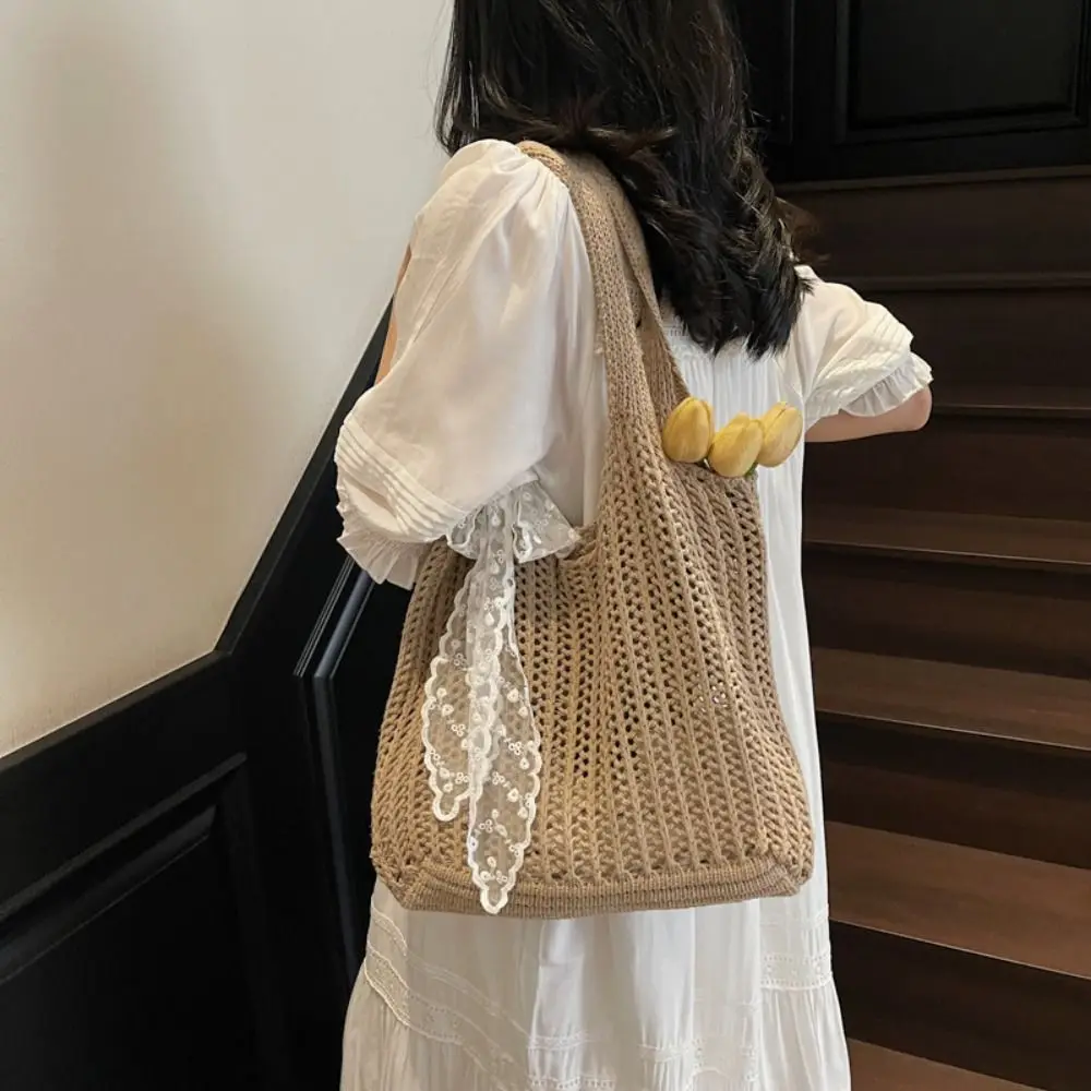 

with Lace Ribbon Solid Color Woven Bag Tote Bag Beach Handbag Beach Bag Hollow Out Large Capacity Hollow Shoulder Bag Shopping