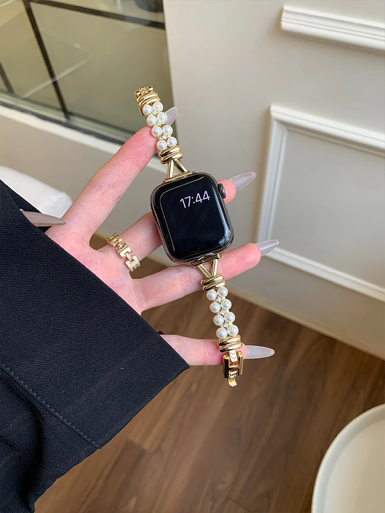 Роскошный жемчужный ремешок для iWatch Ultra 10 9 8 7 6 5 4 Глянцевый металлический браслет-ремешок для Apple Watch 40 мм 41 42 мм 44 мм 45 мм 46 мм 49 мм