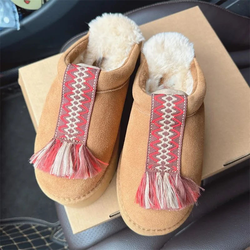 New Ethnic Style Thick Soled Slippers Women's Cowhide Wool Height Increasing Shoes With Fleece Insulation Boots Anti Slip Soles