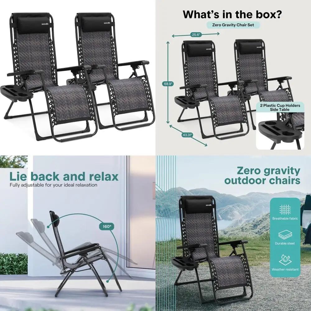 

Zero Gravity Recliner Set - 2 Folding Lawn Chairs with Cup Holders, Padded Headrests, Lockable Recline
