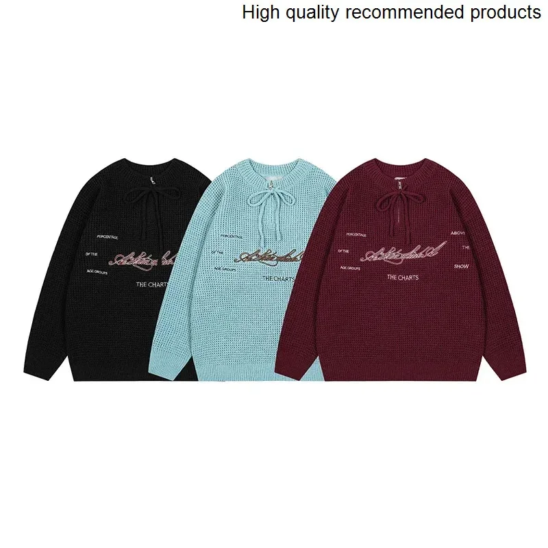 Embroidered Men Cityboy Half Zipper Pullover Sweaters Women Y2k Oversized Streetwear Fashion Loose Knitted Sweater Jumper