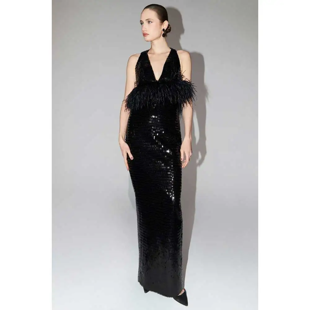 YUMDAI Gorgeous Dubai Black Sequin Cocktail Dress 2023 Salon Deep V Evening Dress Feather Embellished Sleeveless Ball Dress