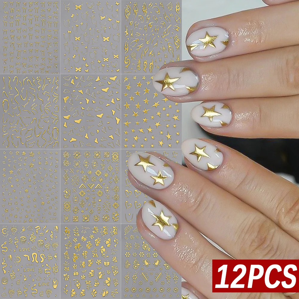12 sztuk/zestaw Naklejki 3D z efektem brązu w kolorze złotym, gwiazdki, holograficzne gwiazdy, słońce, księżyc, samoprzylepne slidery, naklejki do samodzielnego zdobienia paznokci, dekoracje do manicure