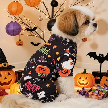 Halloween Print Dog Jumpsuit Soft Dog Clothes Cute Pet Pajamas Warm Puppy Romper Luxury Cat Overalls Holiday Party Poodle Outfit 2