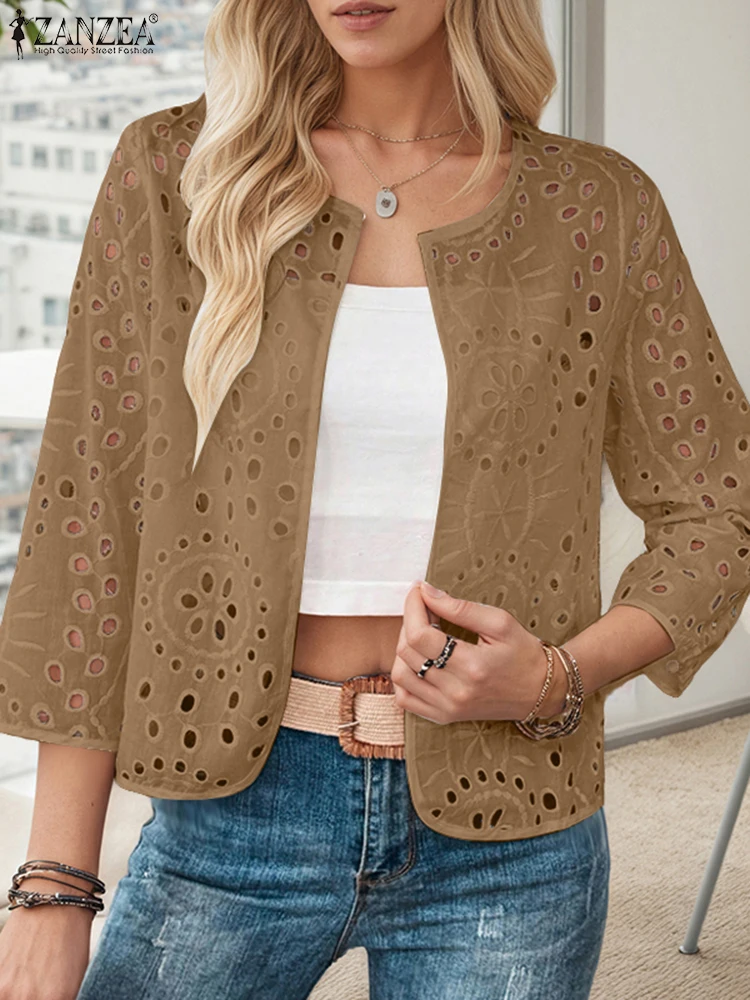 

ZANZEA Women Stylish Hollow Out Embroidered Cardigans Blouse Autumn Shirt 2025 Fashion 3/4 Sleeve Cover Up Kimonos Slim Fit Tops
