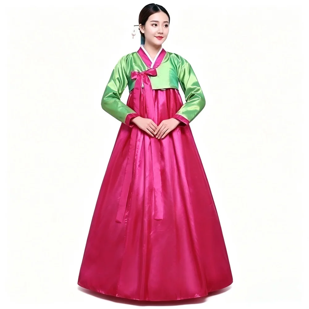 USHINE Elegant Korean Hanbok Women Satin Long Dress Set Vintage Korea Ethnic Outfit Holiday Photo Shoot Formal Party Costume