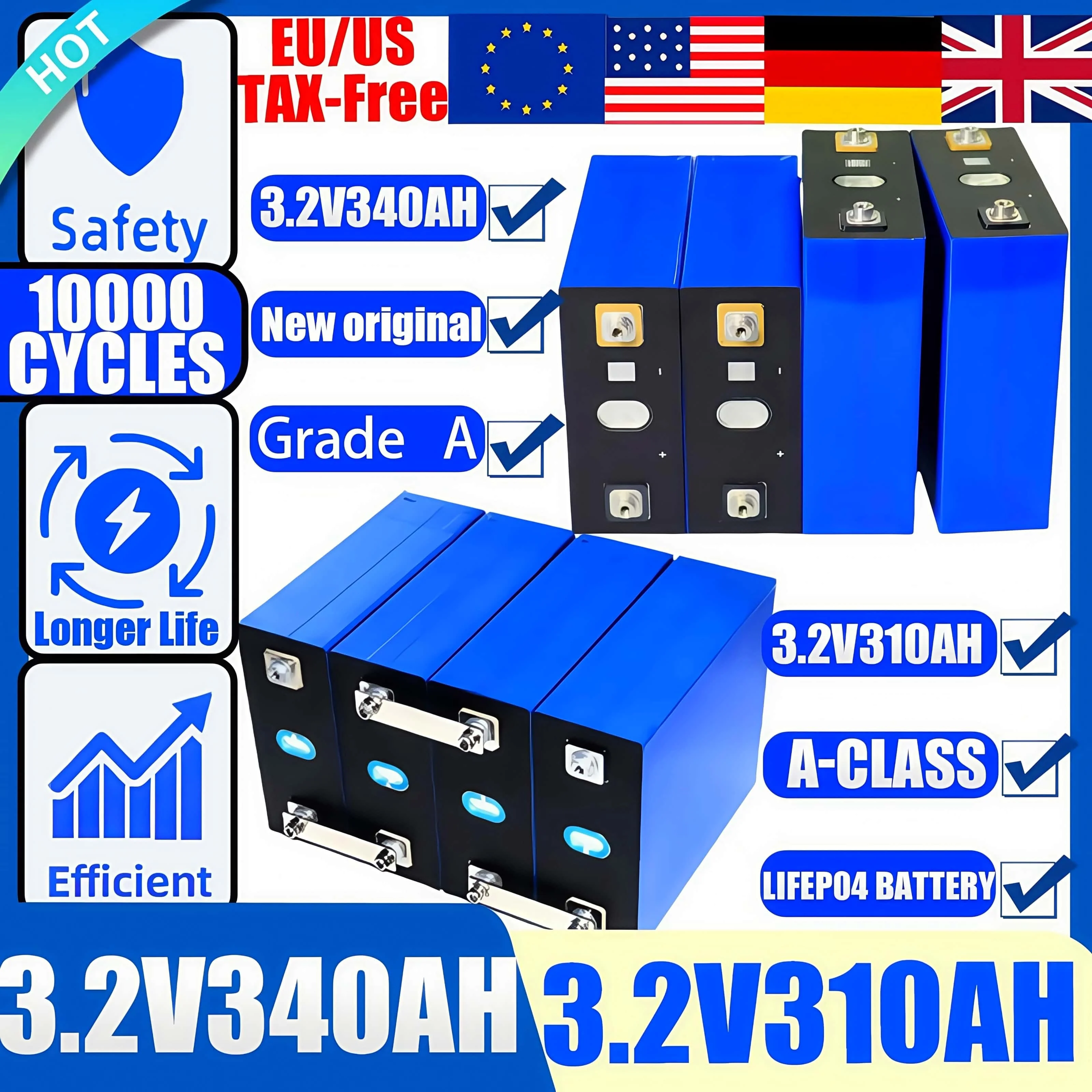 

3.2V340AH 310AH Новая аккумуляторная батарея Lifepo4 класса A DIY 12 В 24 В 48 В аккумулятор RV EV пакет Гольф солнечная энергия кемпинг беспошлинная торговля