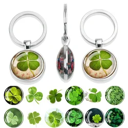 1pc Clover Keychains Double Sided Glass Pendant Zinc Alloy Keychain Four Leaf Clover Fashion Jewelry St. Patrick's Day Gift