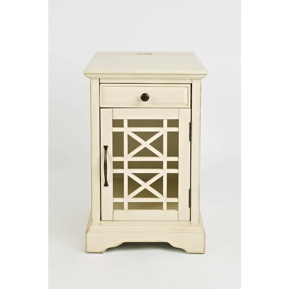 USB Charging Post Chairside Wooden End Table Nightstand, Traditional Farmhouse Style with Glass Doors and Storage Cabinet