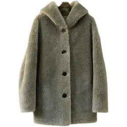 Veste chaude à capuche en laine véritable pour femme, manteau en peau de mouton, parka d'hiver pour fille, PT302