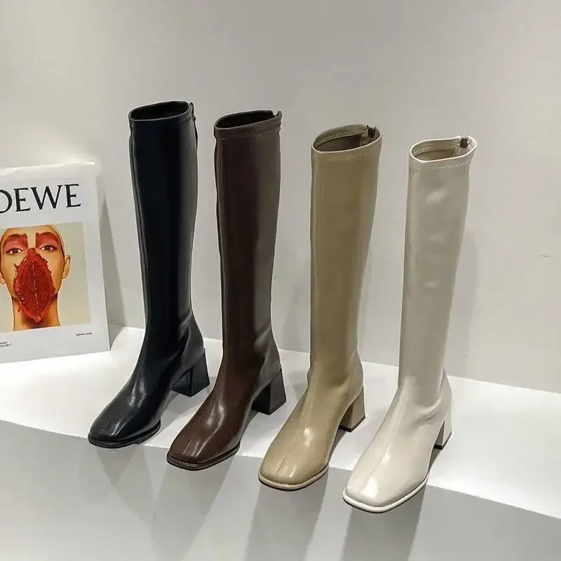 Knee High Boots Women Fleece Chunky 5CM High Heels Back Zipper Thigh High Boots Pu Leather Shoes Fashion Winter Long Boots