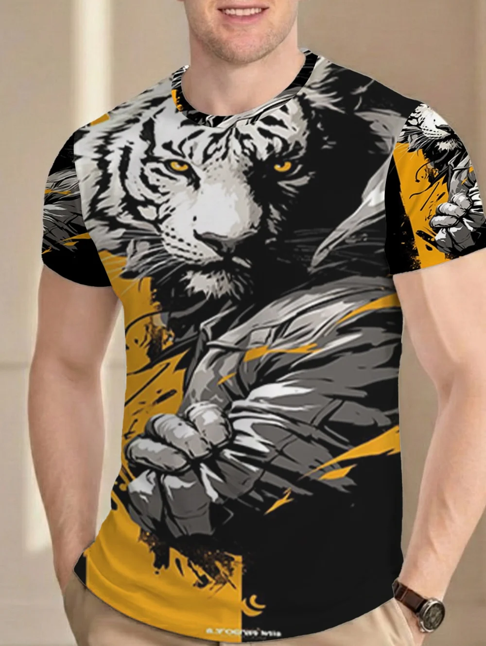 Vintage Men's 3D Fierce Tiger Graphic Tee Printed Short Sleeve Casual T-Shirt Summer Trendy Street Style Summer Mens Clothing