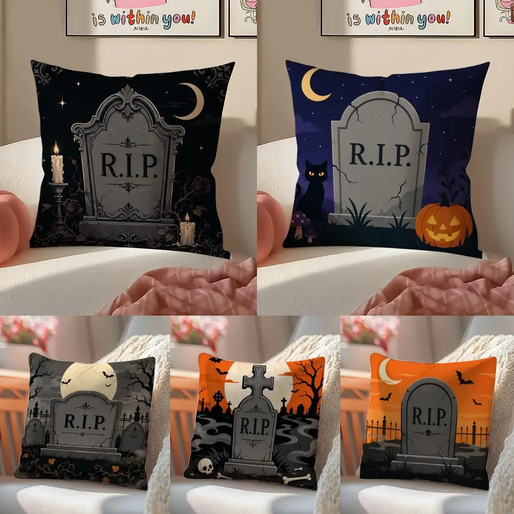 Halloween Tombstone Cushion Cover Pillowcase Short Plush Invisible zipper Room Sofa Cushion Cover