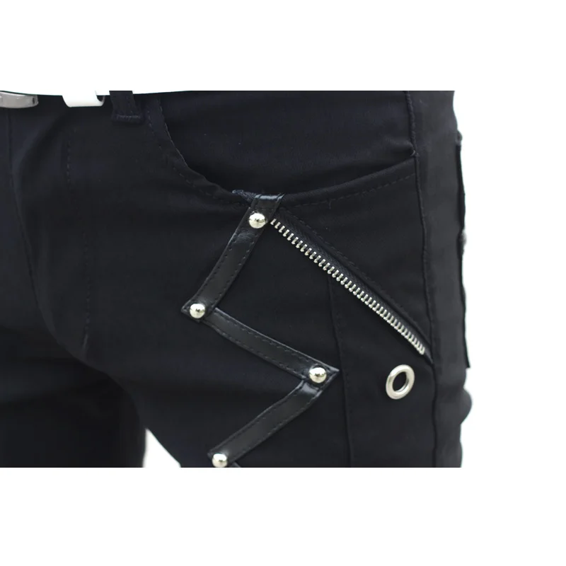 Pantalones vaqueros Punk negros para hombre, moda Coreana de lujo, pantalones pitillo de PU con cremallera de retales, ropa de calle de Hip Hop,