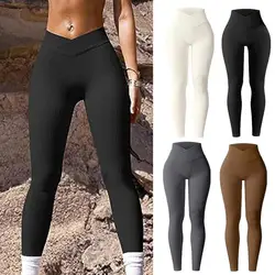 Slim Cut Leggings Ribbed Yoga Leggings for Women High Waist Athletic Workout Pants Solid Color Sports Exercise Tights for Indoor