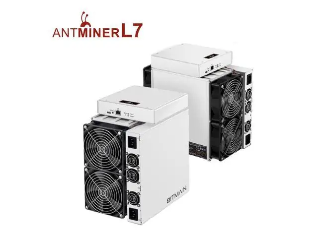 Antminer L7 (9.5Gh) from Bitmain mining Scrypt algorithm with a maximum hashrate of 9.5Gh/s for a power consumption of 3425W.