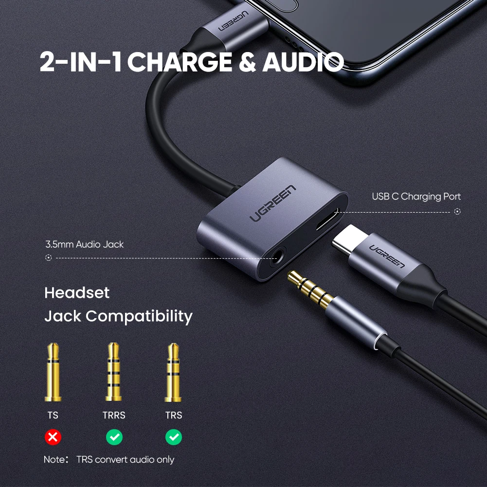 UGREEN USB C 잭 3.5 C 타입 케이블 어댑터, 화웨이 P20 프로, 샤오미 미 6, 8, 9, se 노트용, AUX 이어폰 컨버터, 3.5mm