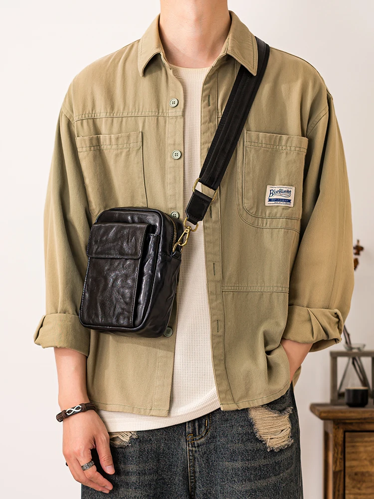 PNDME casual luxury high quality genuine leather men's small shoulder bag outdoor daily work natural cow leather crossbody bag