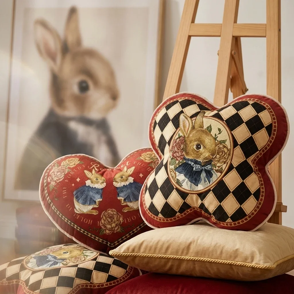 Heart Shaped Four Leaf Clover Rabbit Cushion Vintage Velvet Soft Stuffed Pillow for Sofa Bedroom Decor Gift