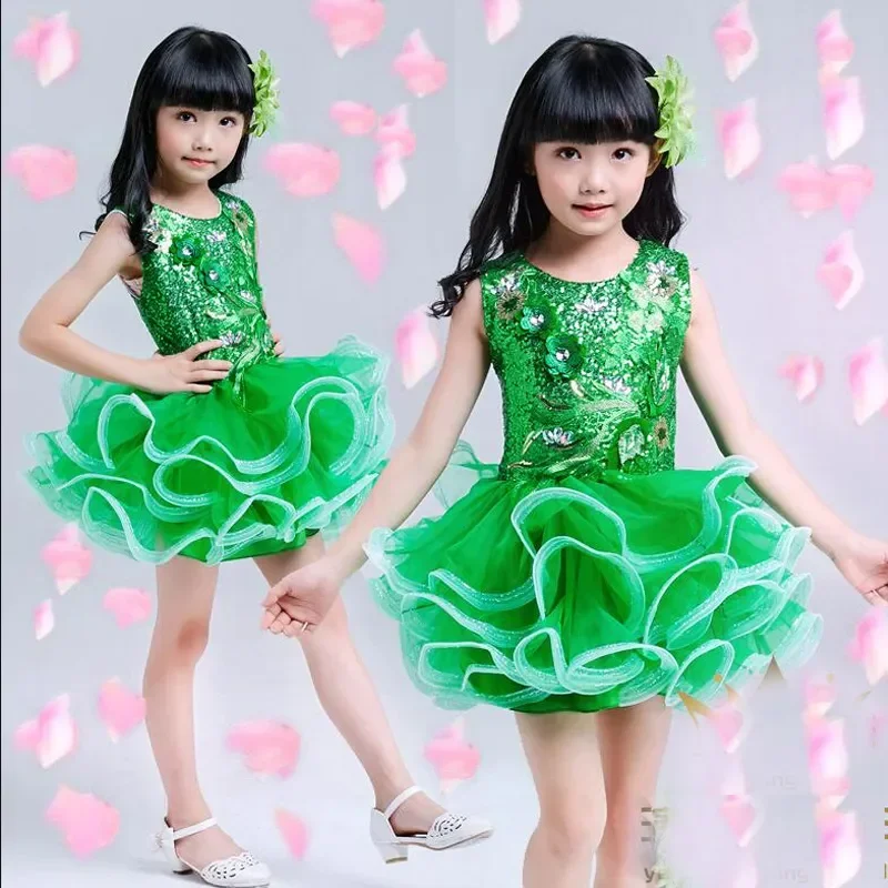 Traje de dança lantejoulas para meninas, vestido de noiva, roupas de salão infantil, criança tutu