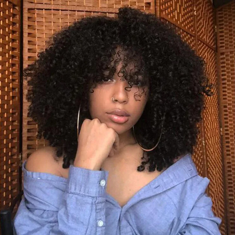 

16 Inch Afro Kinky Curly Hair Wigs With Bangs Soft Fluffy Synthetic Fiber None Lace Wigs For Black Women Party Cosplay Daily Use