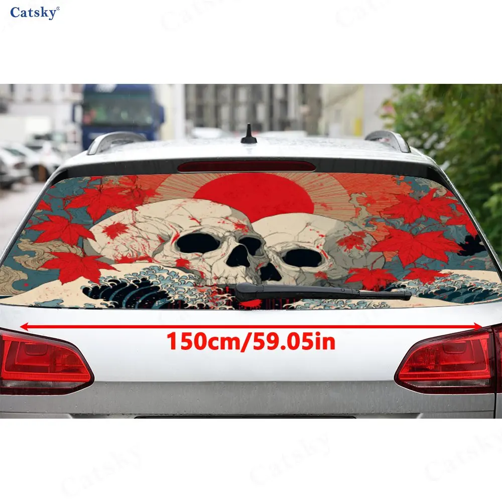 Japanese Style Skull Maple Leaf PVC Perforated Car Vinyl Wraps, Durable Car Windshield Sticker, Waterproof Car Window Decal