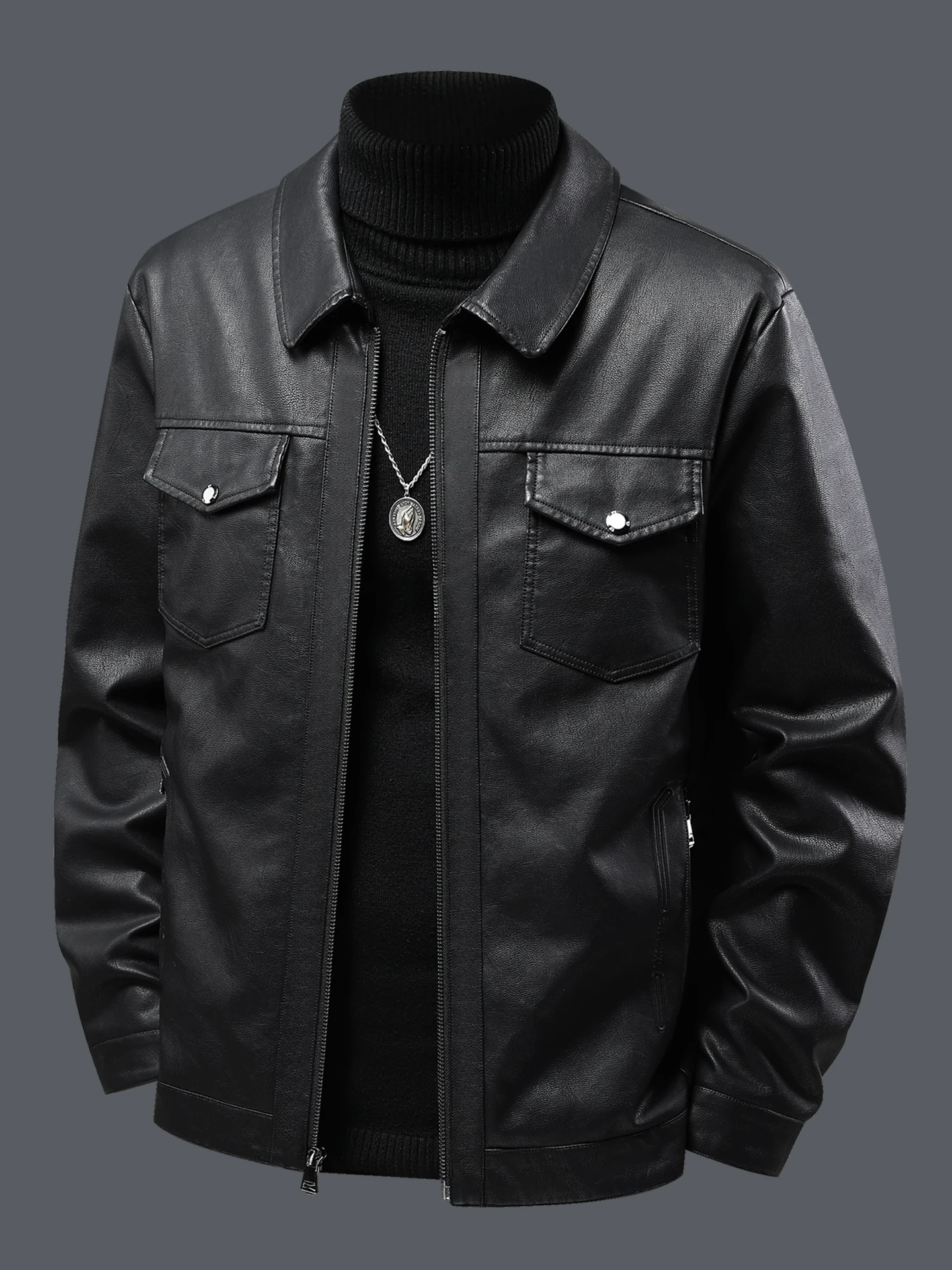 

Bla Fce Lined Biker Jaet Men's Autumn Winter Leather Coat Vintage Sle Stand Collar Workwear Faion Urban Sle