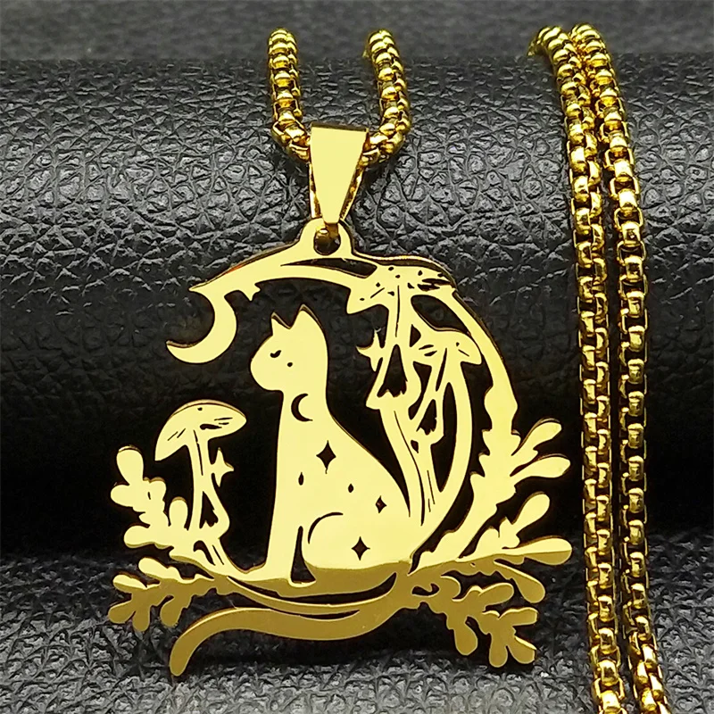 Nacht Hexerei Schwarze Katze Anhänger Halskette Für Frauen Männer Edelstahl Halbmond Pilz Pflanze Kette Schmuck Geschenke – Detail 5