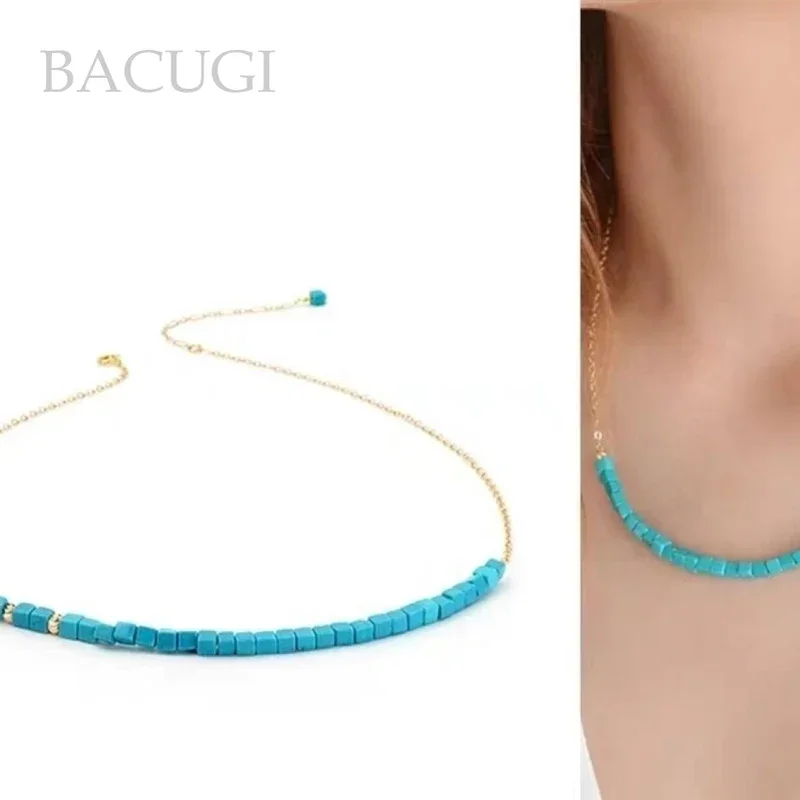 قلادة فيروزية جديدة لعام 2026 مرصعة بالأحجار الطبيعية مطرزة بالذهب عيار 14 قيراط للنساء #4