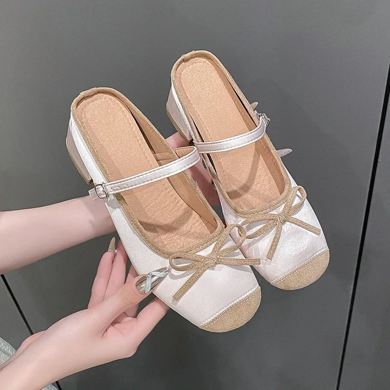 Women's Slippers Summer New Fashion High Heels Round Head Bow Bow Buckle Sandals Casual Coarse Heels Slippers Zapatos Mujer