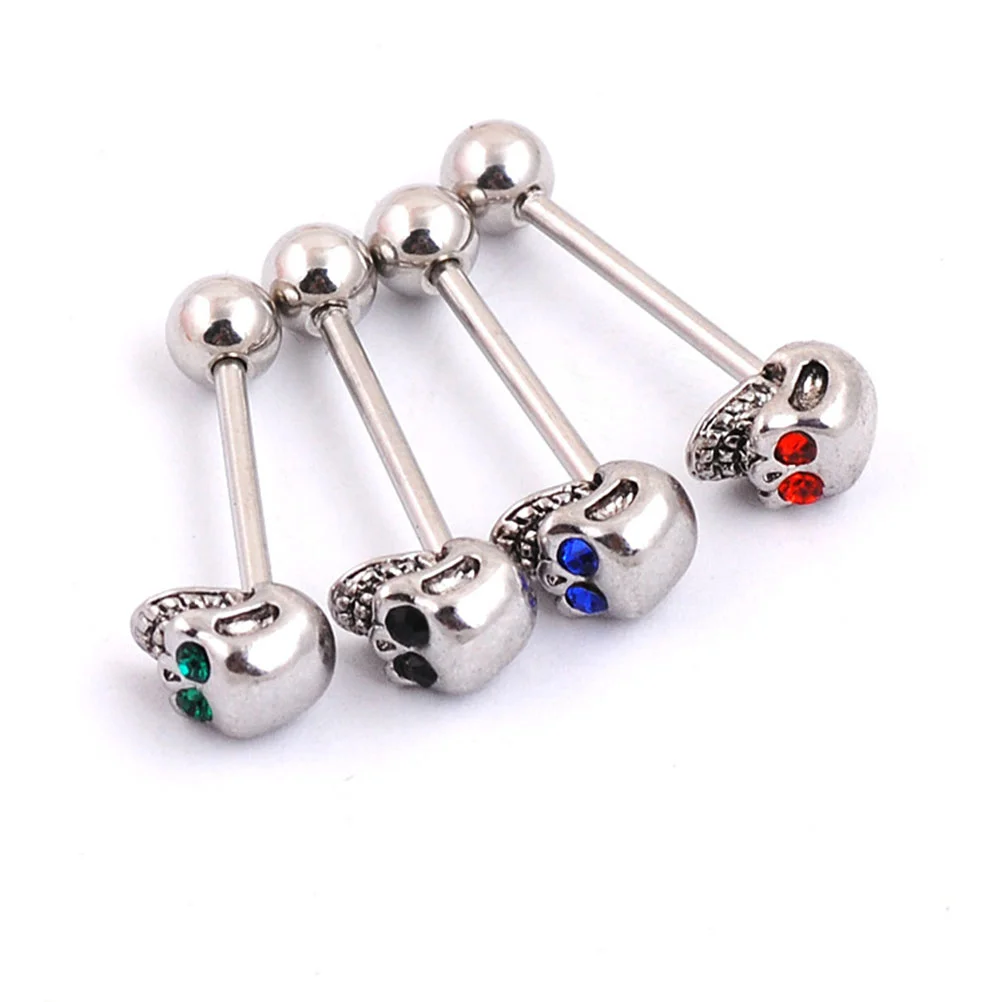 

4 Pcs Tongue Pin Body Piercing Jewelry Skull Diamonds Rings Bar Stud Accessories