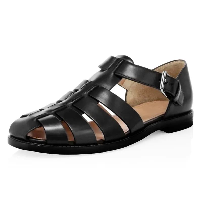 

Летние повседневные туфли на плоской подошве, мужские сандалии из натуральной кожи с пряжкой, однотонные дышащие винтажные мужские сандалии-гладиаторы