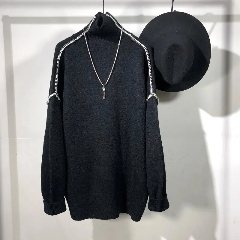 سترة شتوية أصلية عصرية للرجال باللونين الأبيض والأسود الداكن المتباين مع ياقة مدورة فضفاضة على طراز هاراجوكو سترة هيب هوب للشارع #1