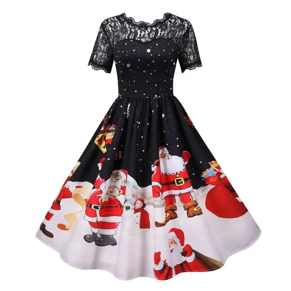 Christmas Dress Women Big Swing Cartoon Santa Snowflake Print Short Sleeve See-through Lace Lady New Year Party Evening Dress