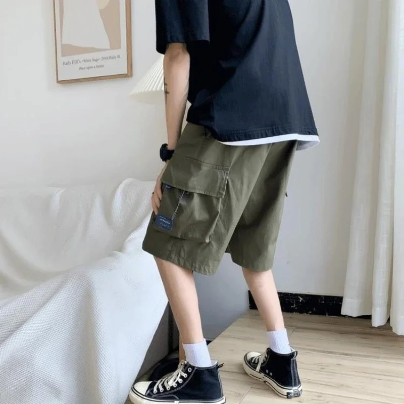 남성용 포켓 카키 롱 밴딩 허리 솔리드 버뮤다 카고 반바지 와이드 배기 하프 루즈 드로스트링 Y2k