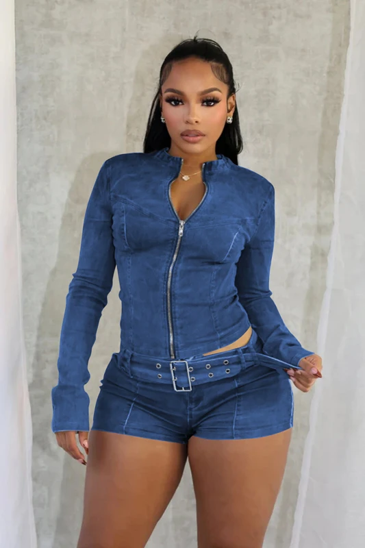 

Sexy Denim Womens 2 Two Piece Set Stretchy Long Sleeve Zip Up Slim Jackets and Shorts Suits Streetwear Belt Jean Outfit Sets